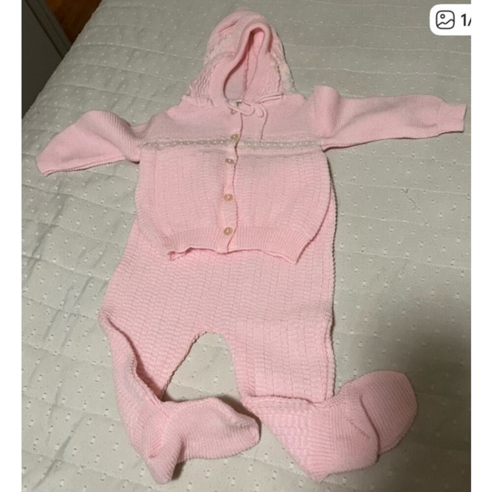 Vintage 90s JCP Baby Knit Set 6-12M Pink Hooded Cardigan Footed Pants Outfit EUC